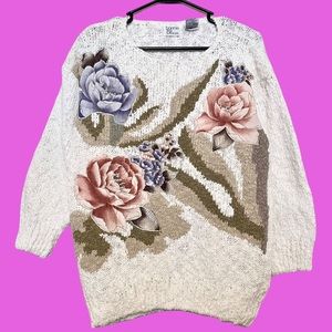Vintage Knit Intricate Flowers & Leaves Sweater